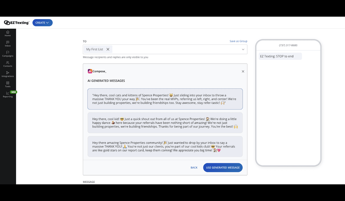 AI generated text message options from inside EZ Texting's dashboard
